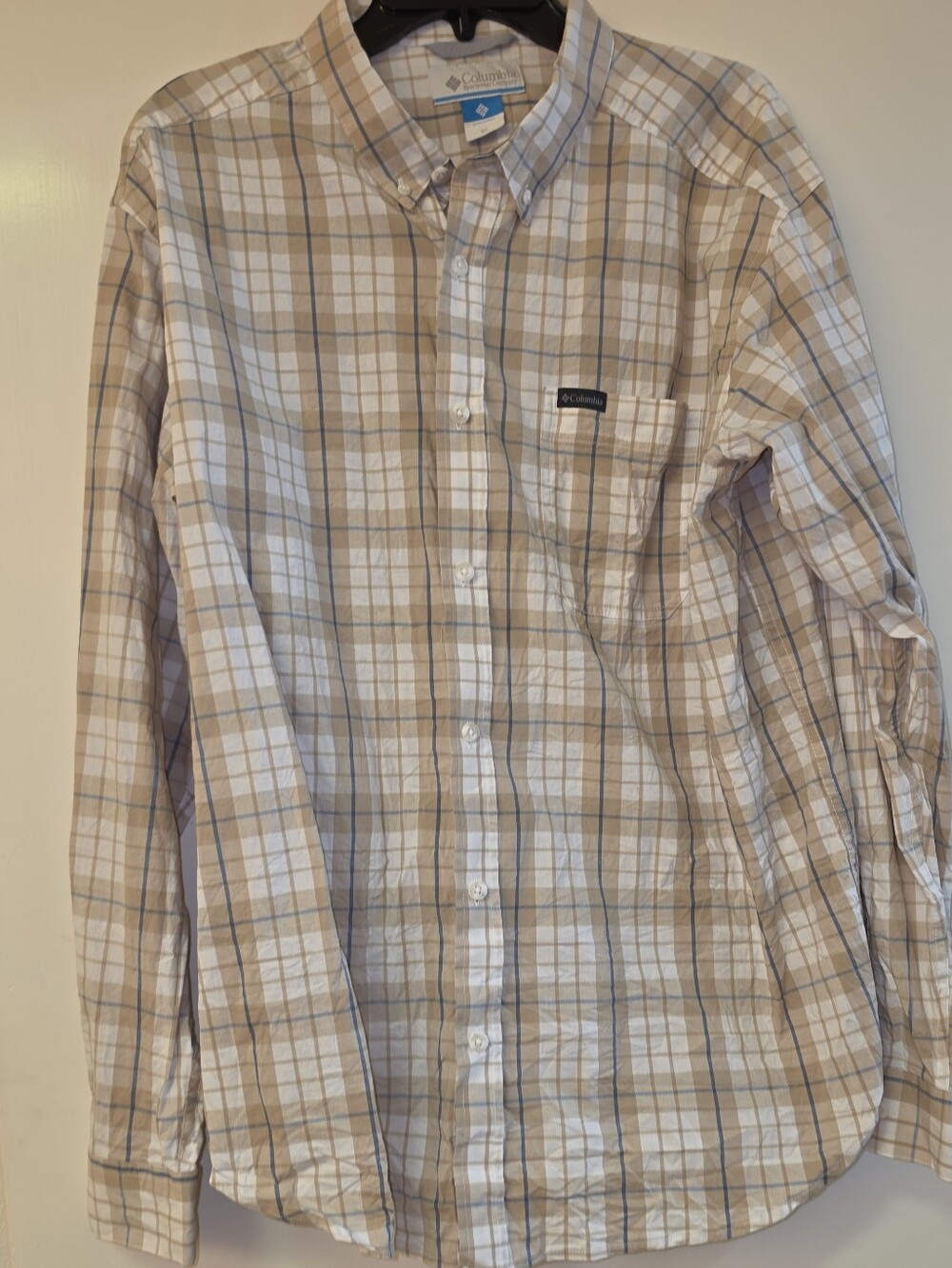 Columbia Men’s Tan and White Plaid Button-Down Shirt